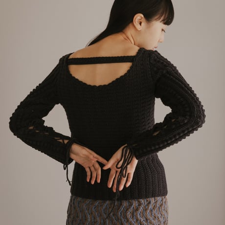 【 FAD distortion 】Lace up crew hand knit tops (トップス)