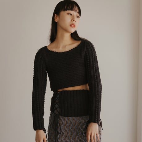 【 FAD distortion 】Lace up crew hand knit tops (トップス)