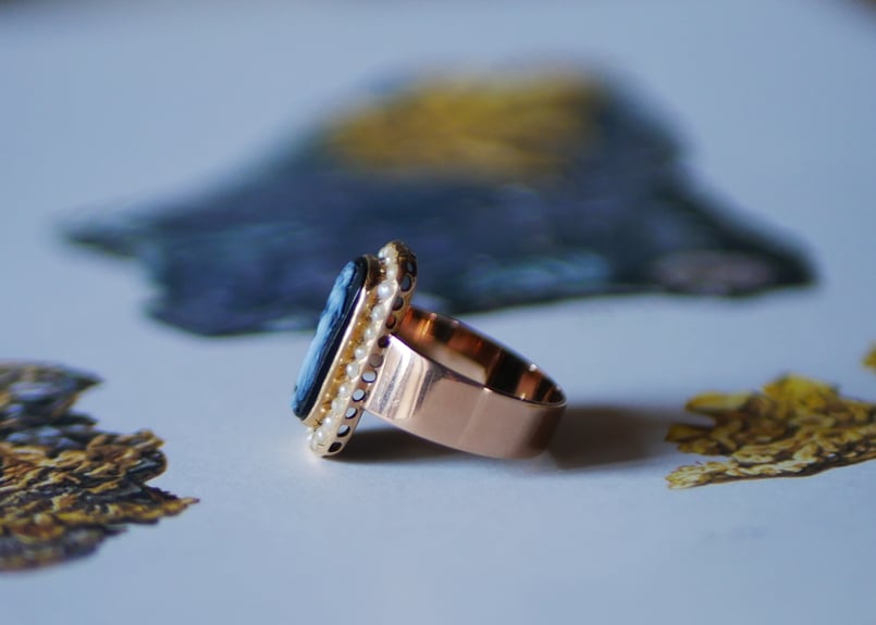 FR-57 シードパールとアゲートカメオ K18 アンティークリング 指輪