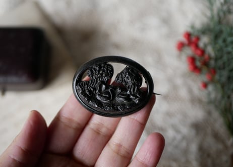 スワン　黒のジュエリー　ケース付き　ヴォルカナイトの白鳥ブローチ　フランスアンティーク