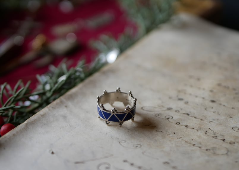 ブルーエナメル クラウン シルバーリング フランスヴィンテージ