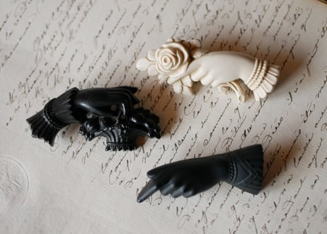 victorian brooch, Hand + white rose