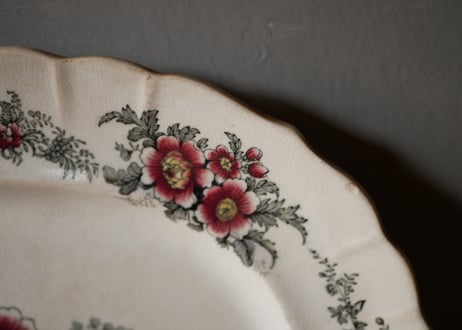 CREIL オーバル皿　花リム 赤いお花　アンティークプレート　フランスアンティーク