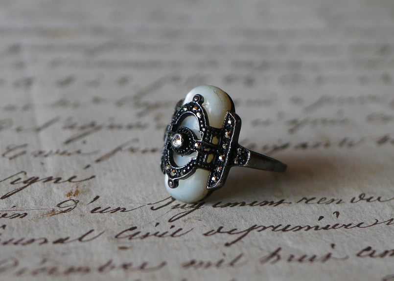 マザーオブパール 純銀 アールデコ マーカサイトリング 指輪 フランス