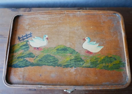 hand paint 鳥の絵　フランスの古い箱　ブロカント