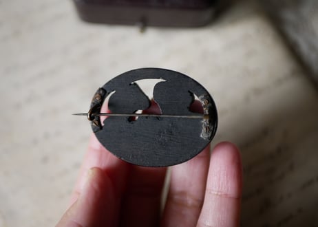 スワン　黒のジュエリー　ケース付き　ヴォルカナイトの白鳥ブローチ　フランスアンティーク