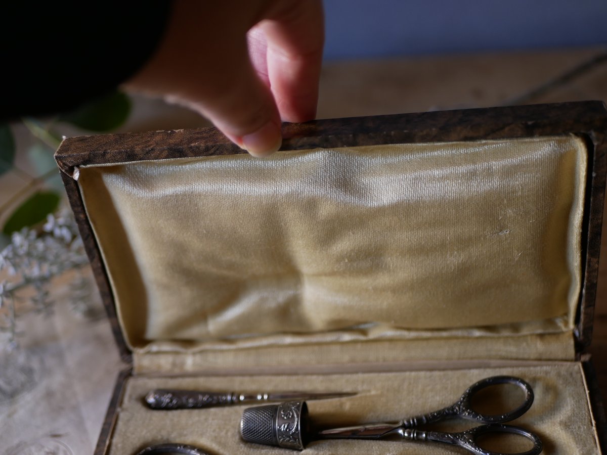 フランス製　アンティーク　ネイルケア　ソーイング　箱付き　ヤドリギ　シルバー フランス製アンティークネイルケアソーイング箱付きヤドリギシルバー