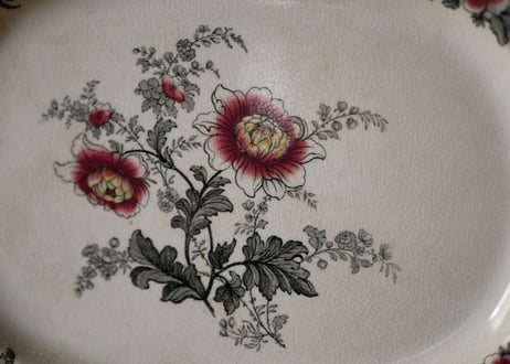 CREIL オーバル皿　花リム 赤いお花　アンティークプレート　フランスアンティーク