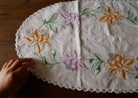 フランスアンティーク　刺繍　リネン　オーバル