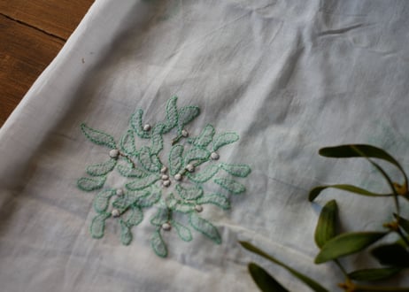 ヤドリギ　ヴィンテージクロス　大判　手刺繍　フランスアンティーク　ブロカント