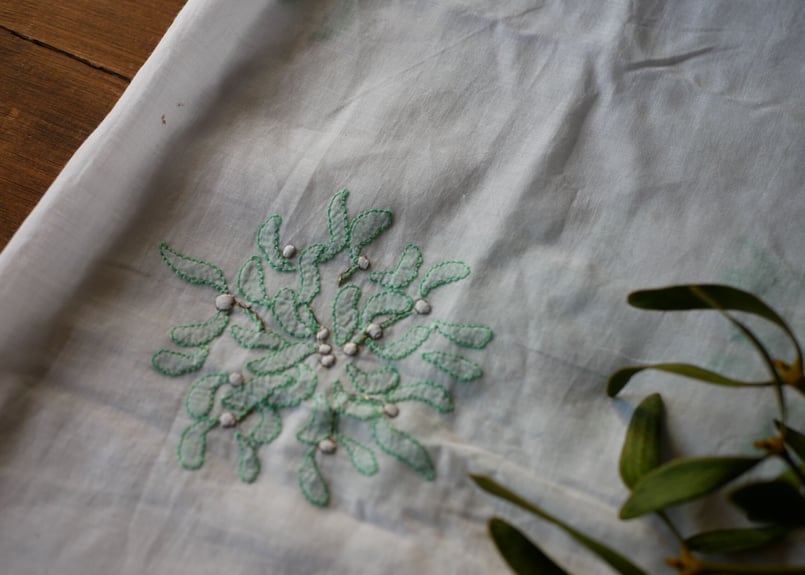 ヤドリギ ヴィンテージクロス 大判 手刺繍 フランスアンティーク