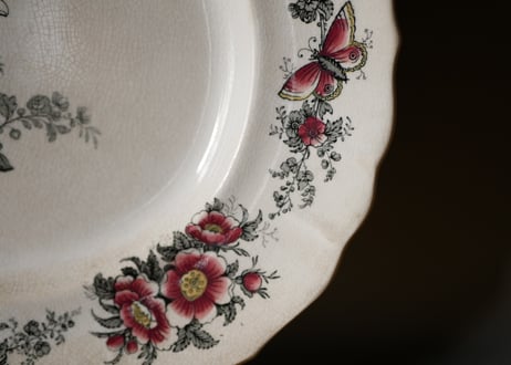 CREIL オーバル皿　花リム 赤いお花　アンティークプレート　フランスアンティーク