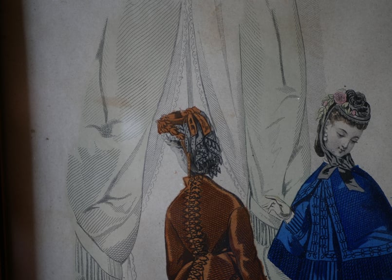 フランスアンティーク 貴婦人のリトグラフ　 手採色　1860年代 A006【版画複製版】フランスアンティーク 貴婦人 ファッション誌
