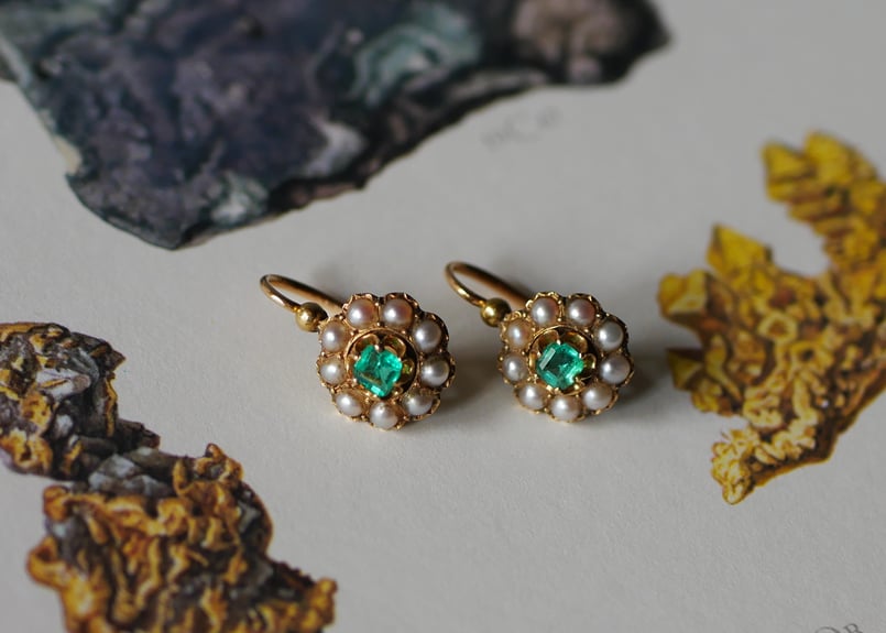 FE-13】天然エメラルドと真珠のピアス K18 アンティークピアス