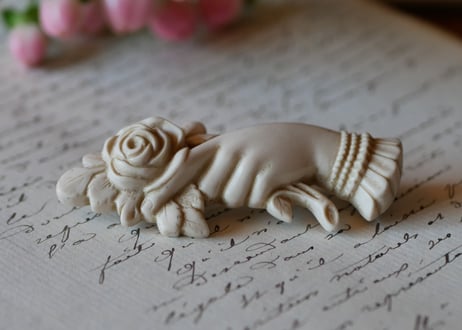 victorian brooch, Hand + white rose