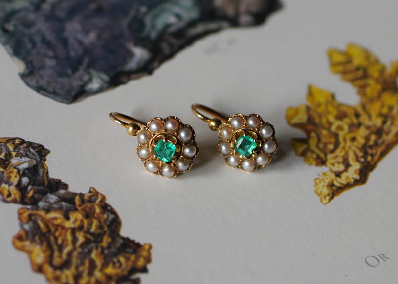 FE-13】天然エメラルドと真珠のピアス K18 アンティークピアス
