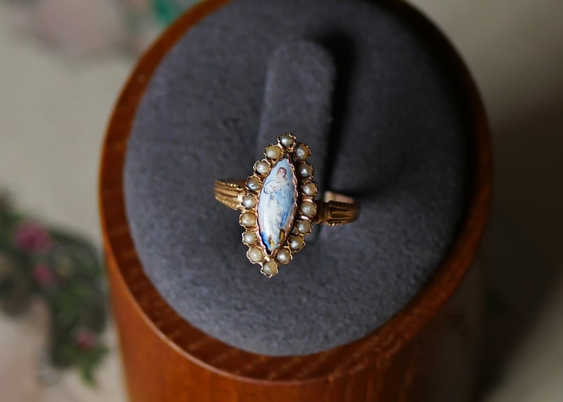 H様御成約品【FR-41】18金 エマイユ アンティークリング フランス