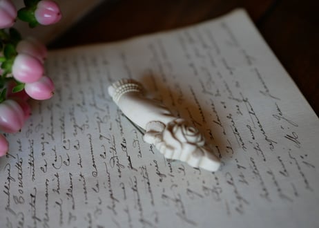 victorian brooch, Hand + white rose