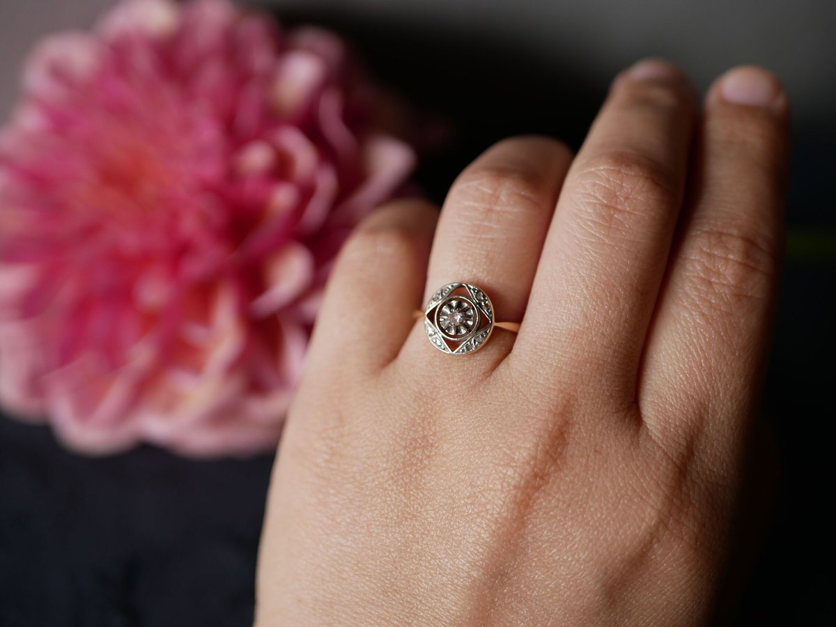 天然ダイアモンド　アールデコ　K18 アンティークリング　フランスアンティーク FR-30】フランスアンティーク K18 天然ダイヤモンド