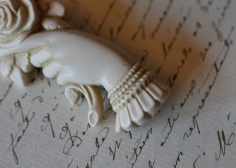 victorian brooch, Hand + white rose