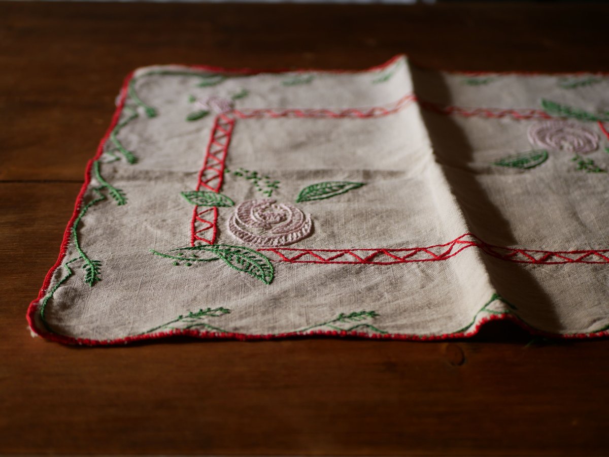 フランスアンティークリネンパッチワーククロスティッキングピンク