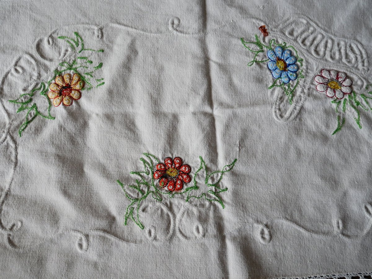フランスアンティーク総手刺繍リネンクロス※ローズパニエと