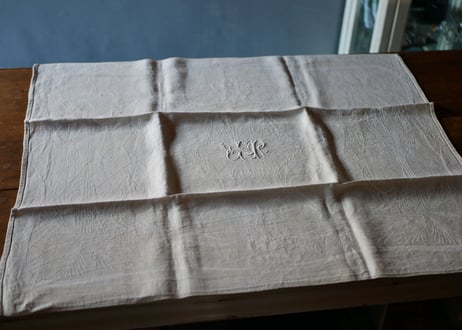 モノグラム刺繍　ダマスク柄　フランスアンティーク　ブロカント