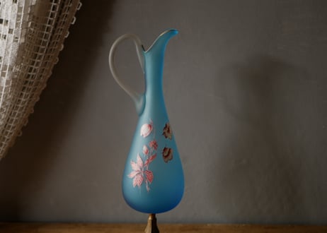 ブルー フロストガラスのピシェ　花器　花瓶　フランスアンティーク　ヴィンテージ