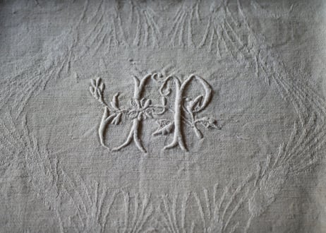 モノグラム刺繍　ダマスク柄　フランスアンティーク　ブロカント