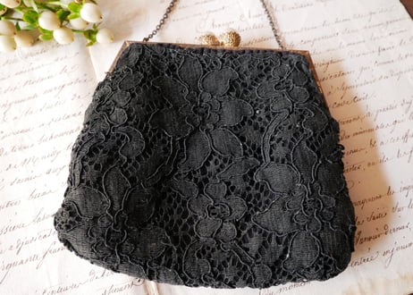 フランスアンティーク　レースバッグ　Black