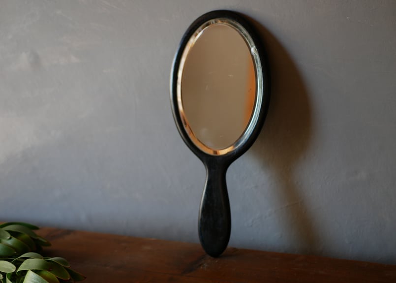 シックな黒の手鏡 ミラー 面取りガラス フランスアンティーク | mamantique