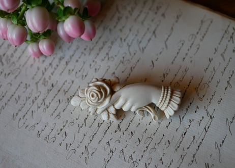 victorian brooch, Hand + white rose