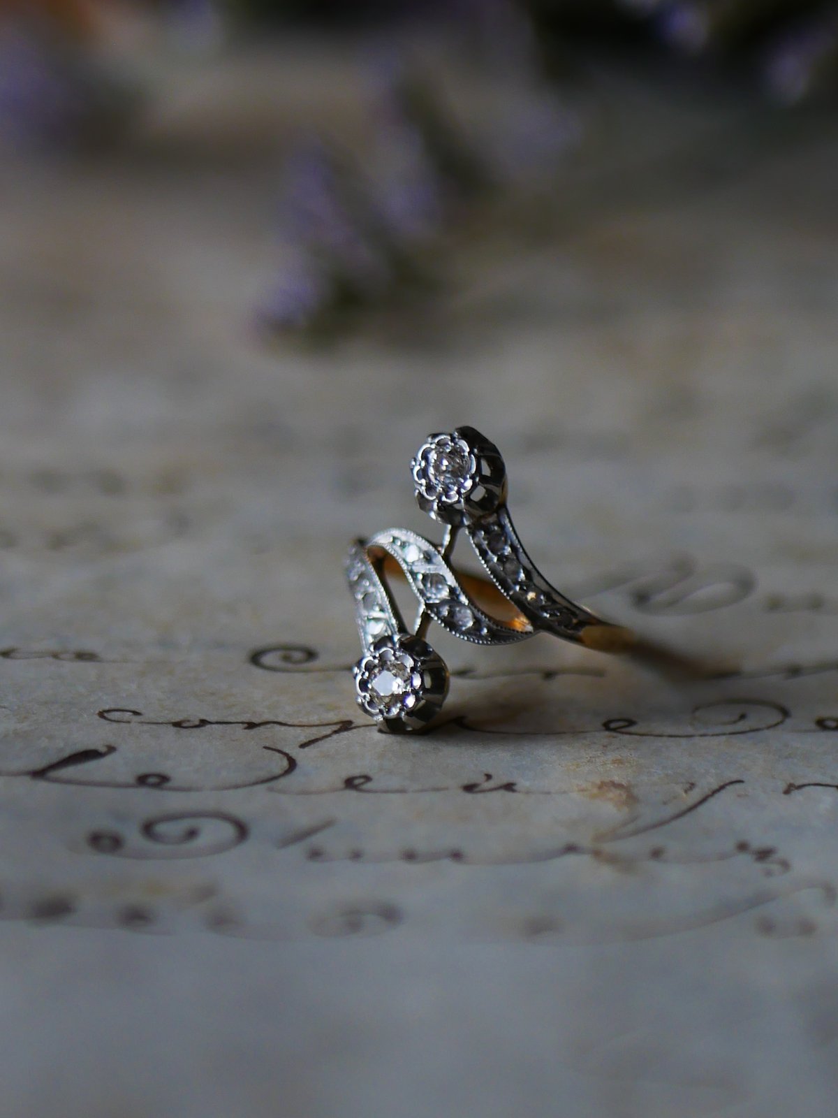 天然ダイアモンド　アールデコ　K18 アンティークリング　フランスアンティーク FR-54】Toi et Moi 天然ダイアモンド K18 アンティーク