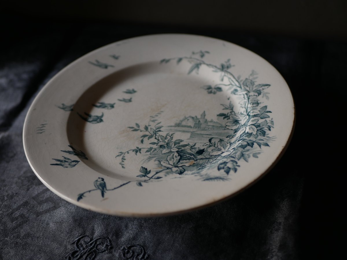 フランスアンティーク コンポティエ GIEN ケーキスタンド ウグイス