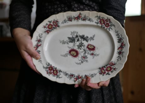 CREIL オーバル皿　花リム 赤いお花　アンティークプレート　フランスアンティーク