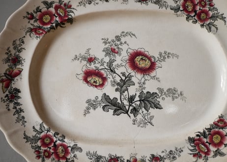 CREIL オーバル皿　花リム 赤いお花　アンティークプレート　フランスアンティーク