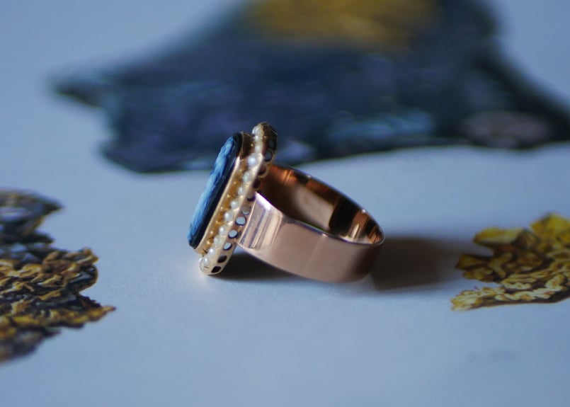 FR-57 シードパールとアゲートカメオ K18 アンティークリング 指輪