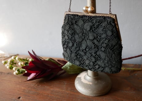 フランスアンティーク　レースバッグ　Black