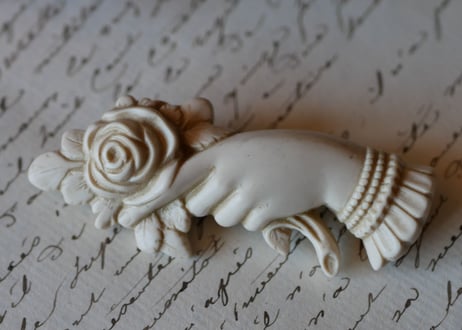 victorian brooch, Hand + white rose