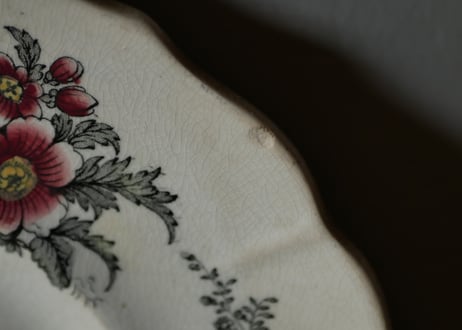 CREIL オーバル皿　花リム 赤いお花　アンティークプレート　フランスアンティーク