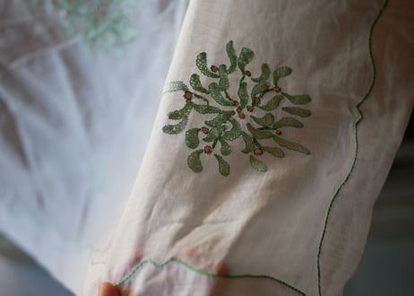 ヤドリギ　ヴィンテージクロス　大判　手刺繍　フランスアンティーク　ブロカント