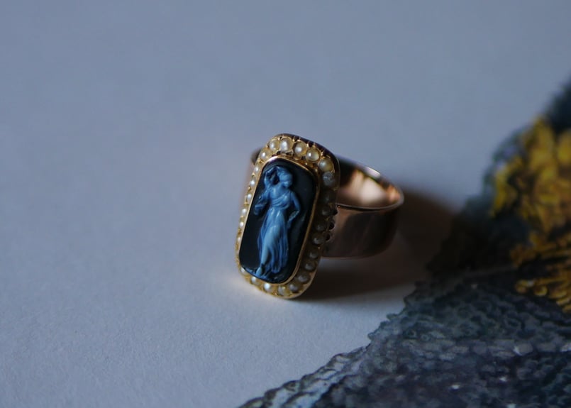 FR-57 シードパールとアゲートカメオ K18 アンティークリング 指輪