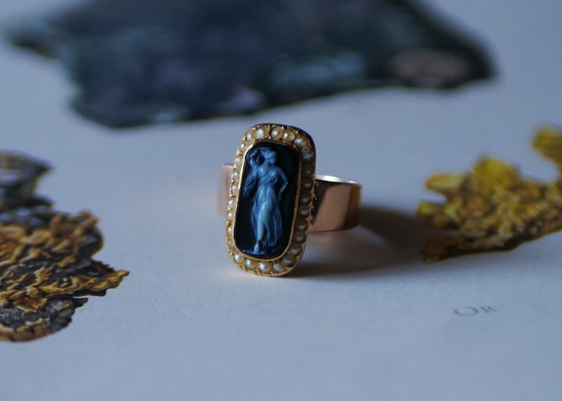 FR-57 シードパールとアゲートカメオ K18 アンティークリング 指輪