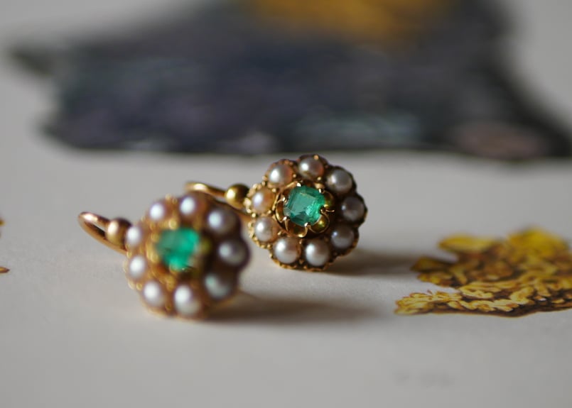 FE-13】天然エメラルドと真珠のピアス K18 アンティークピアス  