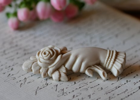 victorian brooch, Hand + white rose