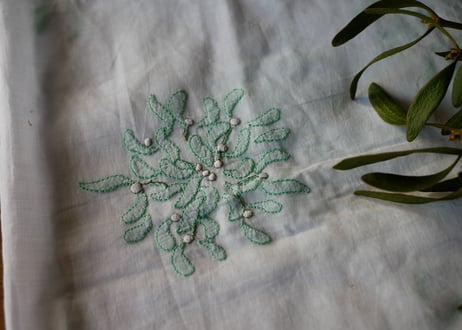 ヤドリギ　ヴィンテージクロス　大判　手刺繍　フランスアンティーク　ブロカント