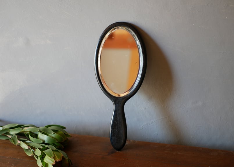 シックな黒の手鏡 ミラー 面取りガラス フランスアンティーク | mamantique