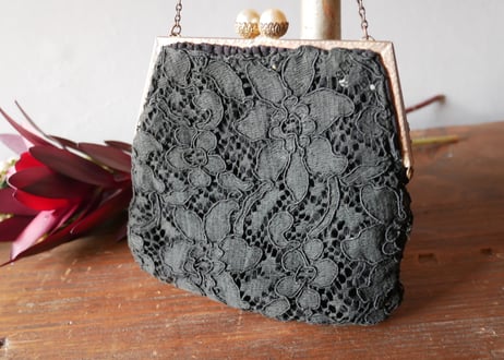 フランスアンティーク　レースバッグ　Black