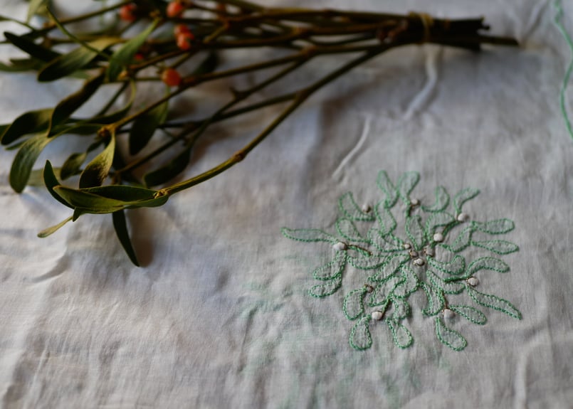 ヤドリギ ヴィンテージクロス 大判 手刺繍 フランスアンティーク