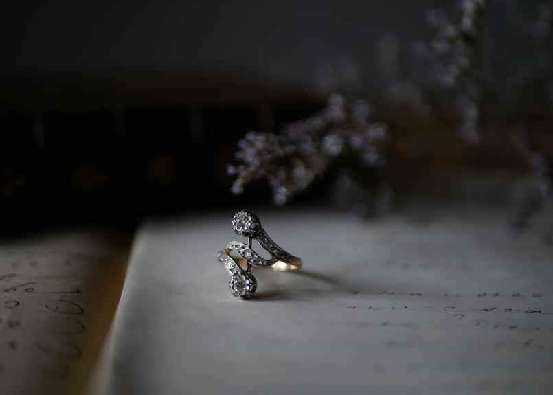 天然ダイアモンド　アールデコ　K18 アンティークリング　フランスアンティーク FR-54】Toi et Moi 天然ダイアモンド K18 アンティーク